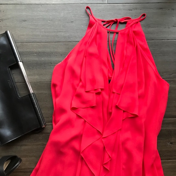 BCBG BCBGMaxAzria Red Ruffle Halter Cocktail Dress - Picture 3 of 7